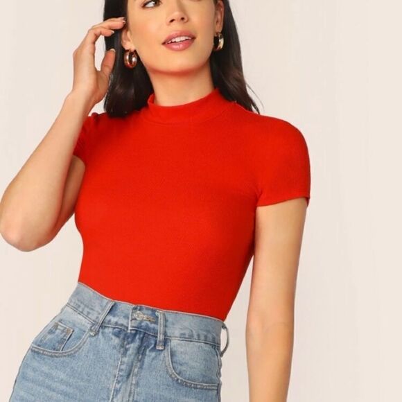 SHEIN Unity Ribbed Mock Neck Cropped Tee NWT size S color Red - Picture 1 of 9